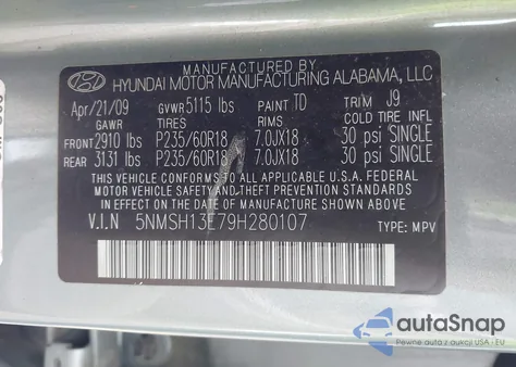 2009 Hyundai Santa Fe Limited z USA, uszkodzony, nr VIN 5NMSH13E79H280107